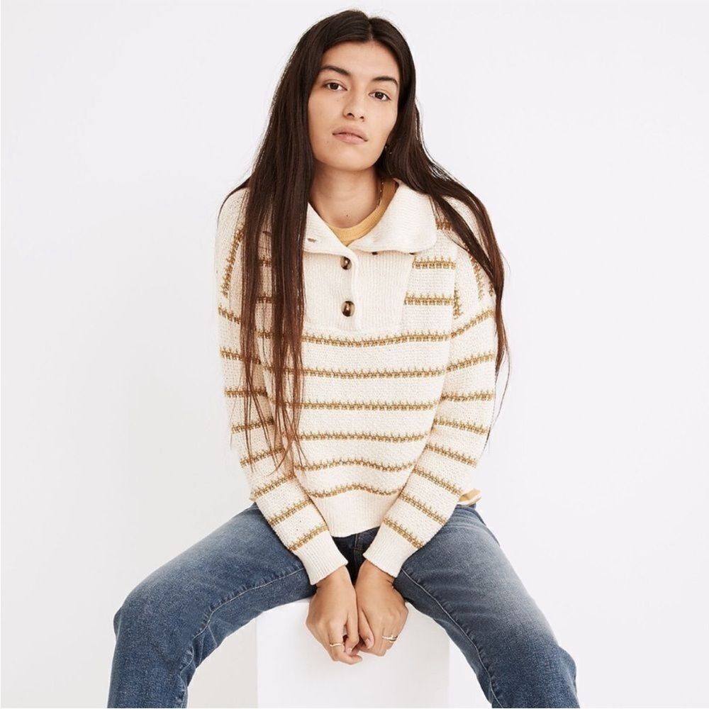Madewell Canby Striped Mock Neck Button White Knit Sweater Modern Casual